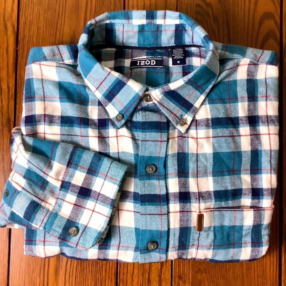 IZOD Mens Flannel Plaid Button Down Long Sleeve Shirt - Medium